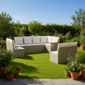 Conjunto de Sofás de Jardín Beige, Mimbre Sintético para Exteriores, Cojines Impermeables, Diseño Contemporáneo - Product Image 2