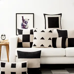 经典几何格子印花亚麻枕套，客厅装饰用黑色垫套