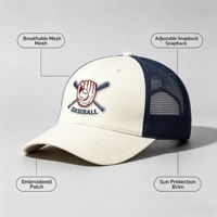 Casquette Trucker Blanche avec Dos en Maille Marine, Logo Brodé Personnalisé (Gant de Baseball, Batte), OEM ODM, Réglable, pour le Sport