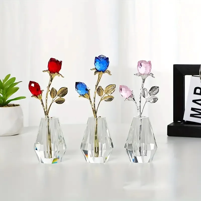 Crystal Rose Crafts  Collectible Double Roses Flowers Bouquets Ornament  Silver Or Gold Stem With Crystal Vase  Decor For Home