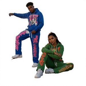100% Cotton Customized Logo Winter Men's Plus Size Hip Hop Loose Fit Two Piece Embroidery <b>Tracksuits</b> Joggers Sports Zip Hoodie - Product Image 5