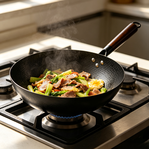 <span class=keywords><strong>Wok</strong></span> de Acero al Carbono Martillado Antiadherente sin Recubrimiento ni Nitruración con Logotipo Personalizado y Mango de Madera, Ollas de Cocina, Sartén - Product Image 4
