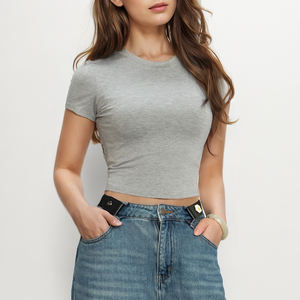 Comoda t-Shirt in cotone di bambù da <span class=keywords><strong>donna</strong></span> Top corto elasticizzato e traspirante girocollo <span class=keywords><strong>Slim</strong></span> <span class=keywords><strong>Fit</strong></span> t-Shirt estiva - Product Image 1