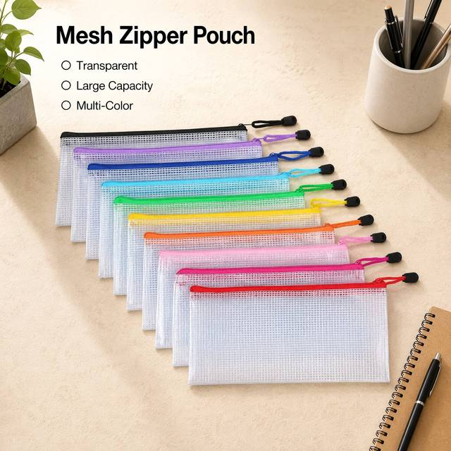 Factory Direct Multipurpose PVC Mesh Pouch Clear Mesh Stationery Organizer Smooth Zipper File Document Bag for Stationery