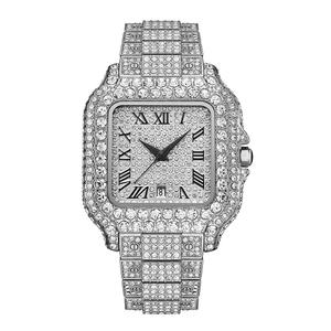 Montre Homme Hip-Hop Diamantée Carrée à Chiffres Romains Mouvement Quartz Jour/Date Phase de Lune - Nouveauté Tendance - Product Image 5