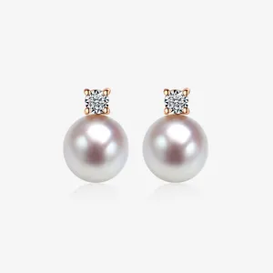 Women Fine Jewelry 18K Pure Solid Pearl Rose Gold 8-8.5mm 3A Genuine Real Sea Water Japanese Akoya Pearl Studs
