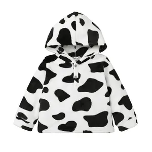 Moletom wintrer estampado infantil de vaca, jaqueta para meninos e meninas, preto e branco