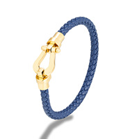Bracelet en cuir PU tressé bleu FRED avec fermoir à crochet plaqué or, style classique unisexe