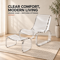 Chaise longue en acrylique transparente résistante aux UV avec ottoman assorti, ensemble de chaises courbées, chaise d'appoint transparente moderne pour salon