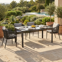 Ensemble de salle à manger d'extérieur moderne 7 pièces, design KD, mobilier de jardin en rotin, table en verre trempé 5 mm, structure en acier, résistant aux intempéries