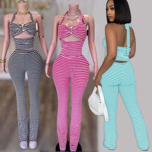 Nuovo Completo Estivo da Donna Sexy a Righe con Patchwork, Top Halter Senza Schienale + Pantaloni Aderenti - Product Image 1