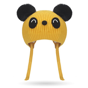 Knitted Panda Hat For Kids Yellow Winter Warm Beanie Unisex 52-54cm Head Circumference Cotton Material - Product Image 1