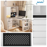 Bureau d'angle en bois en forme de L avec bibliothèque, étagère et éclairage LED, MOQ 100