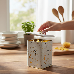 Kontensan ER0239G 1.8L Terrazzo Cream 120x120x137mm Metal Square Box with Knob Handle <b>Paper</b> <b>Boxes</b> Made in Turkey - Product Image 3