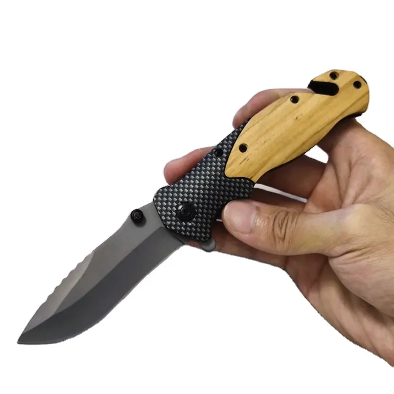 X50 Custom Logo OliveWood Handle Tiny Knife Outdoor Knives Folding Titanium Coated Survival Rescue Camping Wood Pocket Knife