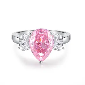 하이 퀄리티 고급 보석 높은 탄소 다이아몬드 배 드롭 다이아몬드 반지 925 스털링 실버 핑크 약혼 결혼 반지