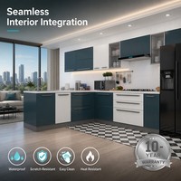 Armário de Cozinha Moderno de Luxo em Aço Inoxidável Azul-Petróleo e Branco, Modular Personalizado em L, Acabamento Fosco Bicolor com Pia e Bancada de Mármore