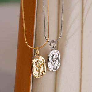 Vintage Rose Tulip Flower <strong>Coin</strong> Irregular Pendant Stainless Charm <strong>Necklace</strong> for Girls Women - Product Image 5