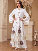 Robe longue musulmane élégante à col montant, imprimé floral, en polyester, avec broche métallique et poignets à revers, manches longues, coupe modeste