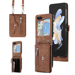 Funda Retro Vintage de Cuero PU con Correa Cruzada para Samsung Z Flip 5, con Bolsillo para Tarjetas RFID y Cartera - Product Image 1