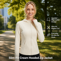 Veste zippée à capuche pour femme, coupe ajustée, couleur crème, col montant, manches raglan, passe-pouce, fermeture éclair intégrale, vente en gros, usine OEM