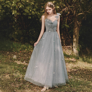 Elegant Strapless A-Line Evening Dress Gray Floral Print Empire Waistline Midi Length For Bridesmaids - Product Image 1