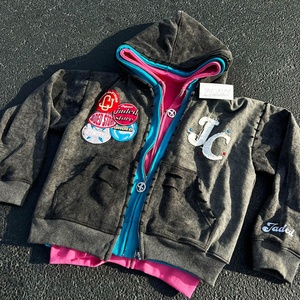Heavyweight Oversized Acid <b>Wash</b> Zip up Hoodies Distress Patch High Quality Triple Zip Layer Boxy Cropped Hoodie Manufacturer - Product Image 2