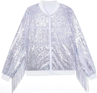Blouson Bomber Argenté à Paillettes Entières et Franges pour Filles, Col en V, Manches Longues, Idéal pour Spectacles de Danse et Fêtes Hivernales