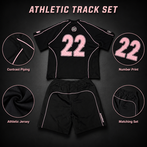 Ensemble de survêtement athlétique personnalisé Yingling, short en jersey <span class=keywords><strong>noir</strong></span>, t-shirt ample streetwear à manches raglan avec passepoil contrastant, t-shirt oversize pour homme - Product Image 1