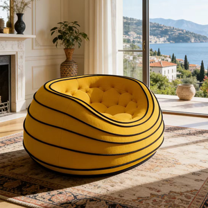 Fauteuil rond de luxe moderne en velours jaune capitonné, siège circulaire unique pour salon - Product Image 1