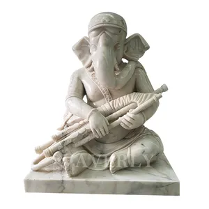 Statue di Ganesha da giardino di grandi dimensioni all'aperto giocano a scultura di strumenti musicali statua di Ganesha in pietra naturale di granito di marmo bianco