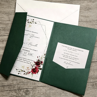 Invitation de mariage en papier écologique vert foncé à trois volets, motif floral 3D pop-up aquarelle, rose bordeaux et doré à chaud pour anniversaire