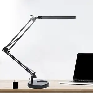 LED Desk Lamp with Clamp and Round Base, Swing Arm Eye Caring Table Lamp, 3 Color Modes 10 Brightness Levels,
