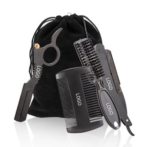 Ensemble de soins de la <span class=keywords><strong>barbe</strong></span> Playboy en quatre pièces, rasoir pliant, porte-anneau, brosse, peigne, sac de rangement, noir, <span class=keywords><strong>kit</strong></span> de toilettage pour adultes - Product Image 1