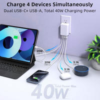 Vente d'usine - Chargeur mural GaN 40W au design plat avec 2 ports USB-C et 2 ports USB-A, charge rapide PD 3.0 20W, protection OVP, prise EU/US