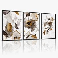 Vente en gros de 3 tableaux abstraits encadrés en or, cadre noir, feuille d'or, fragment de marbre, triptyque, décoration moderne de luxe pour hôtel