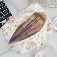 Sac de rangement tendance en dentelle florale personnalisée avec fermeture éclair, petite bourse à monnaie à nœud, trousse à crayons portable universelle pour étudiant, adorable pour femme