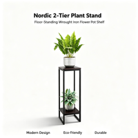 Support à plantes à 2 niveaux, étagère en fer forgé et bois, 3 hauteurs 55/75/95 cm, style nordique pour salon intérieur