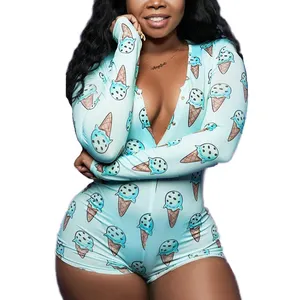 Pijama Sexy de una sola pieza para mujer, ropa de dormir de talla grande, mono con patrón bonito para mujer adulta, novedad de 9007