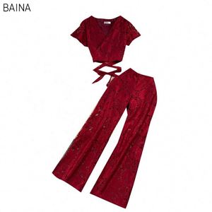 Conjuntos de Verano de Encaje Calado, Tops y Pantalones Casuales, Conjunto de 2 Piezas, Ropa para Mujer - Product Image 5