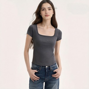 Camiseta de cuello cuadrado para mujer, novedad primavera-verano, <span class=keywords><strong>con</strong></span> almohadillas incorporadas en el pecho, cuello en U grande, hombros en ángulo recto, top básico de manga corta - Product Image 3