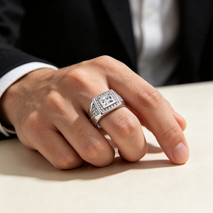 Manufacturer 925 Sterling Silver Rhodium Plated Men Princess Cut <b>Cubic</b> <b>Zirconia</b> Statement <b>Ring</b> Pave Setting Fine Jewelry Gift - Product Image 3