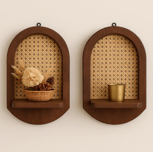 Étagère murale flottante en bois naturel moderne marron foncé Étagère de rangement d'entrée Étagère murale avec rotin - Product Image 3
