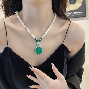 Green Chalcedony Pearl Necklace Water Drop Pendant Bezel Setting Daily Wear Gift Sweater Chain - Product Image 3