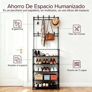 Appendiabiti in Metallo Nero con Ganci + Scaffalatura a Quattro Livelli, Mobile Multifunzionale per Ingresso |    Appendiabiti e scarpiera tutto in uno - Product Image 1