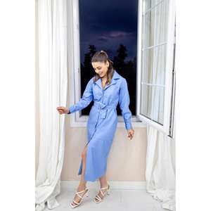 Robe fourreau bleue ceinturée avec encolure crantée et taille naturelle, idéale pour le bureau - Product Image 4