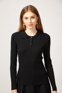 Suéter de Punto para Mujer, de Gran Calidad, Tejido de Punto, Cuello de Solapa Acanalado, Algodón Fino, Color Sólido Personalizable, Uso Diario Informal - Product Image 2