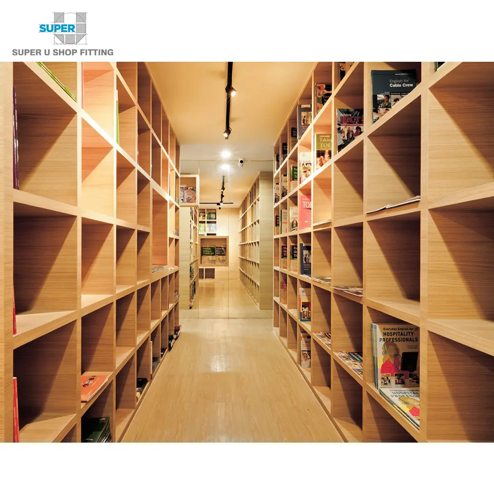 अनुकूलित लकड़ी पुस्तकालय अलमारियों प्रदर्शन खड़े किताबों की दुकान फर्नीचर डिजाइन थोक किताबों की दुकान दीवार कैबिनेट ठंडे बस्ते में डालने