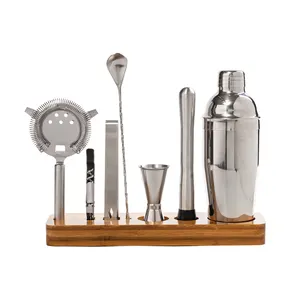 MCSSFactory Direct Kit Bartender Barware Tools Set 800ml Stainless Steel Boston Shakers Cocktail Bar With Bamboo Wood Stand