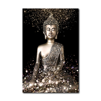 Toile murale verticale avec portrait de Bouddha doré brillant, impression numérique sur fond noir, effet lumineux scintillant, religieux, zen